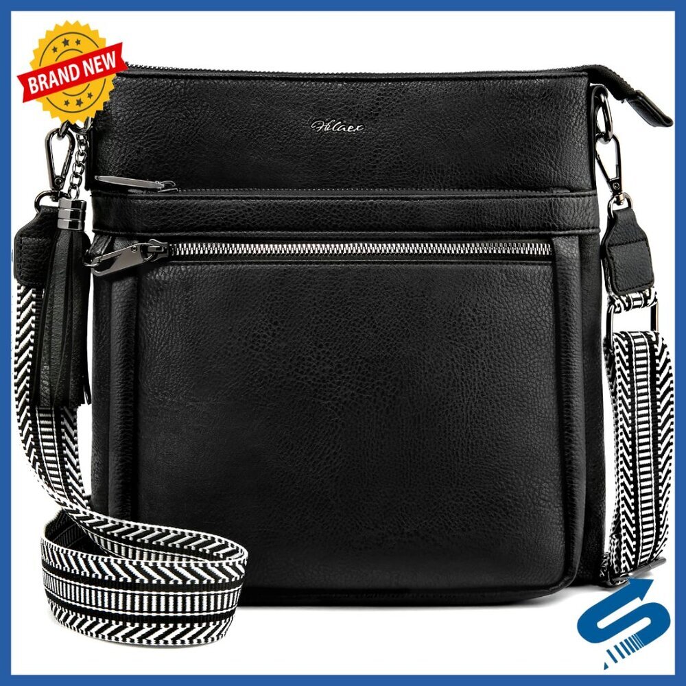 Vegan Leather Crossbody Bag with Wide Guitar Strap Multi Pockets Travel
